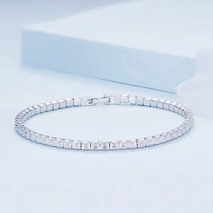 New Platinum Over Solid Sterling Silver Square Tennis Bracelet
